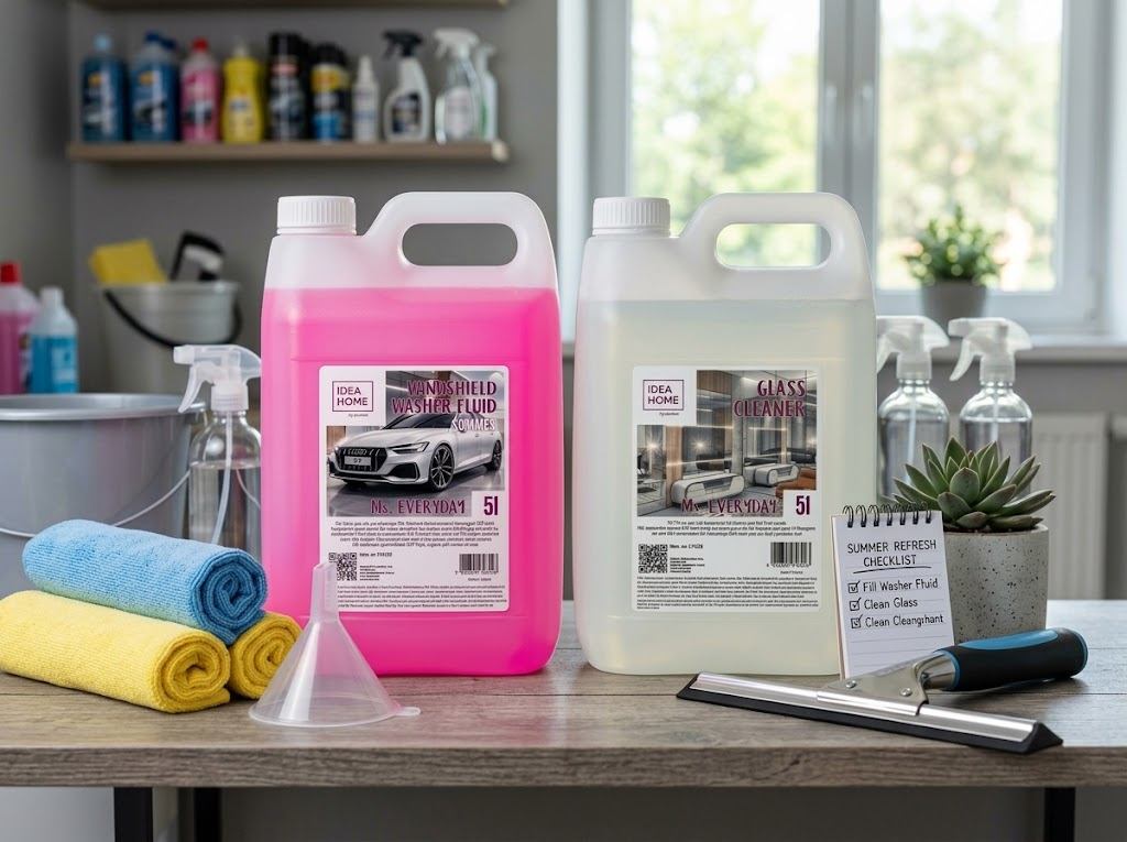 Letní kapalina do ostřikovačů a čistič skel MS. EVERYDAY 5 l na stole s úklidovými pomůckami