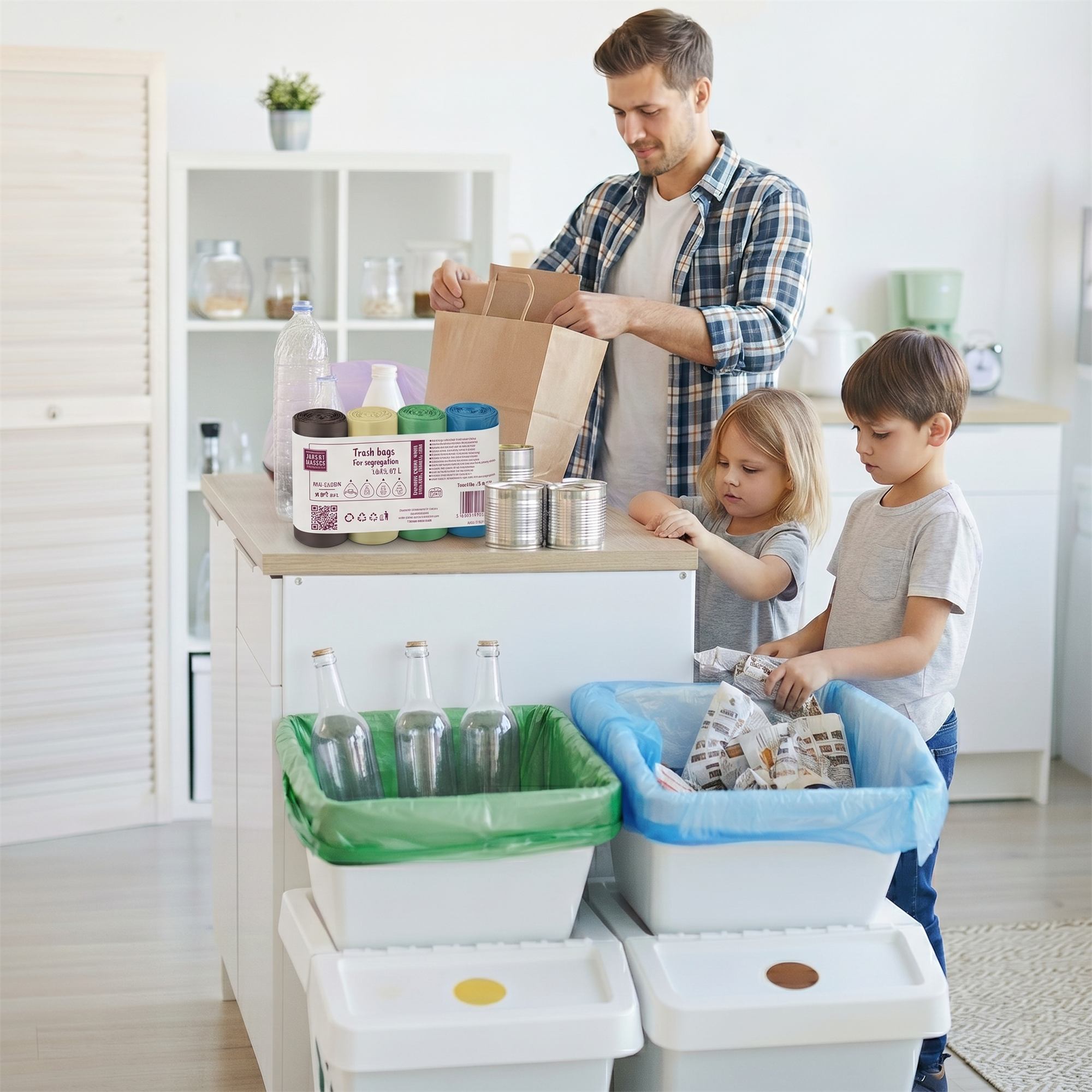 Rodzina segreguje odpady do worków IDEA HOME w kolorach segregacji