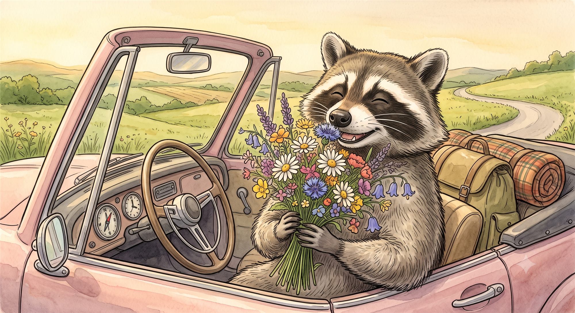 Ilustrace řady RAKUN: mýval s kyticí lučních květin v růžovém kabrioletu